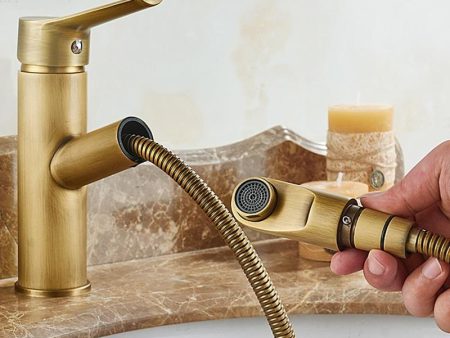 Antique Brass Pull Out Bathroom Faucet Deck Mounted Vanity Sink Hot and Cold Basin Mixer Tap Deck Mounted Brass Crane Cock Online now