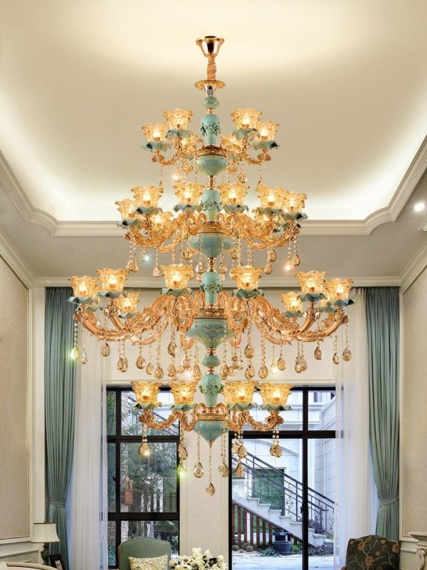 European Vintage Style Duplex Building Ceramic Three Story Chandelier For Living Room on Sale