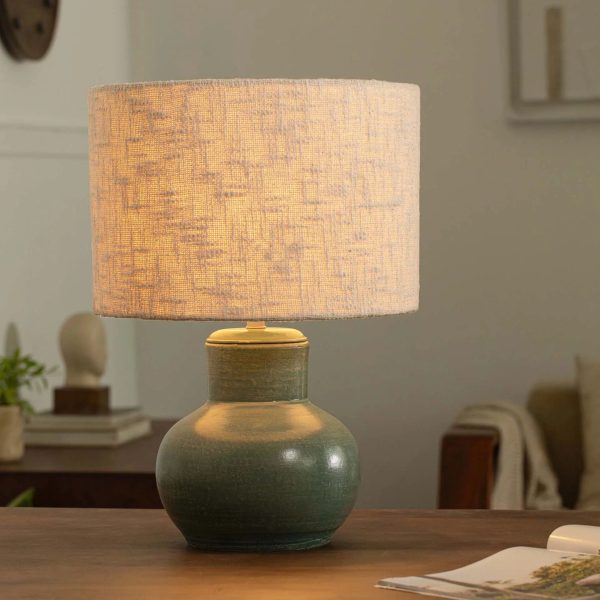 Vara Terracotta Ribbed Aquamarine Lamp With Shade - White Sale