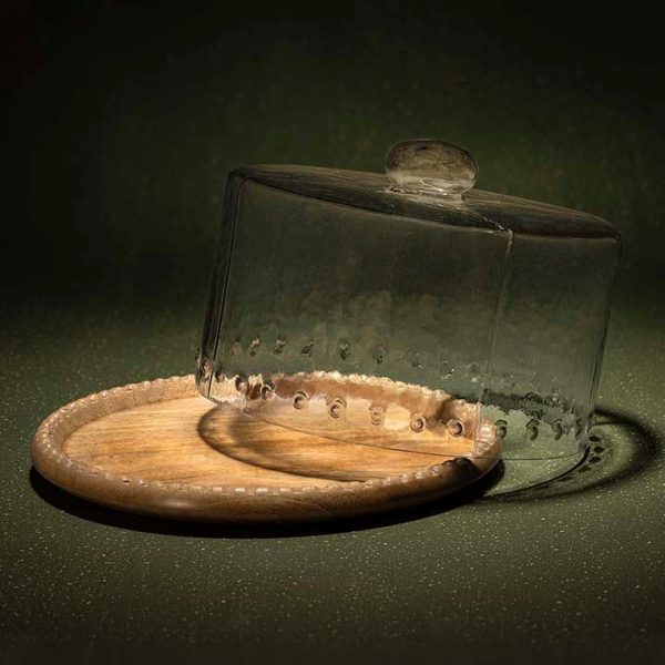 glass cloche with scallop wooden base For Cheap