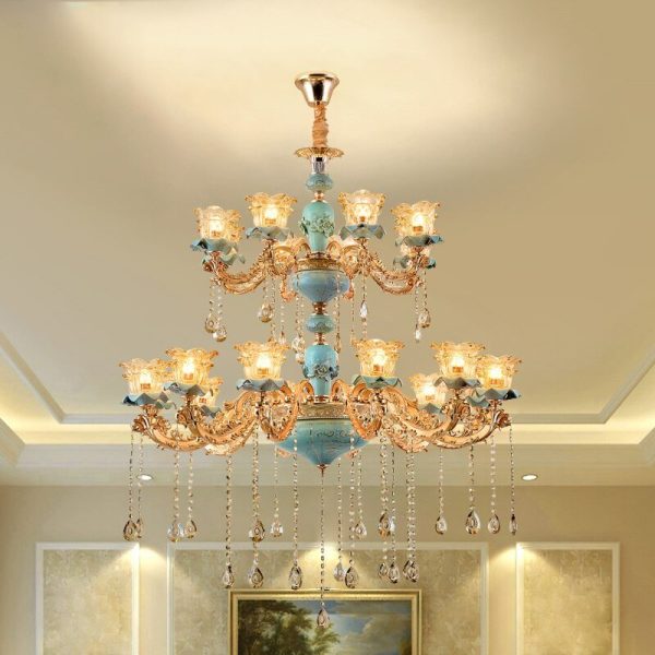 European Vintage Style Duplex Building Ceramic Three Story Chandelier For Living Room on Sale