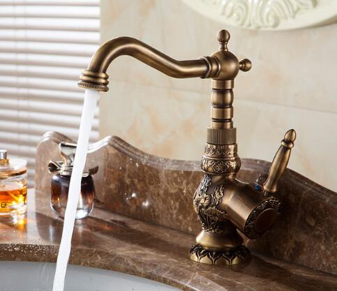 Basin Faucets Antique Brass Bathroom Faucet Basin Carving Tap Rotate Single Handle Hot and Cold Water Mixer Taps Crane Hot on Sale