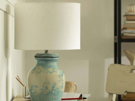 Vara Distressed Aqua Terracotta Table Lamp With Shade - White Discount