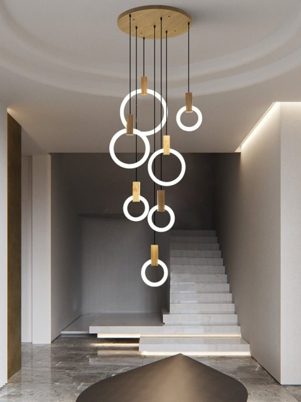 Modern LED Wooden Ring Chandelier Ceiling Living Room On Stairs Hanging Pendant Light For Discount