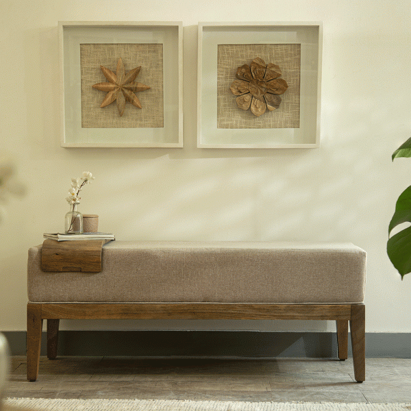 Upholstered Wooden Bench with Wooden Slider on Sale