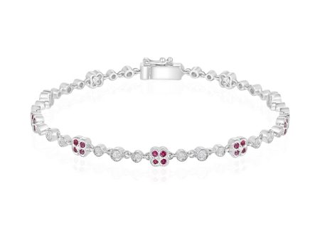 14k White Gold .83cttw Ruby & .67cttw Diamond Floral Bracelet Cheap