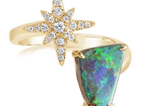 14K Yellow Gold Australian Boulder Opal Diamond Star Ring Cheap