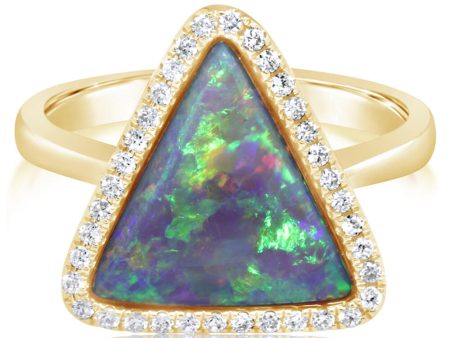 14K Yellow Gold Australian Black Opal Diamond Ring Hot on Sale