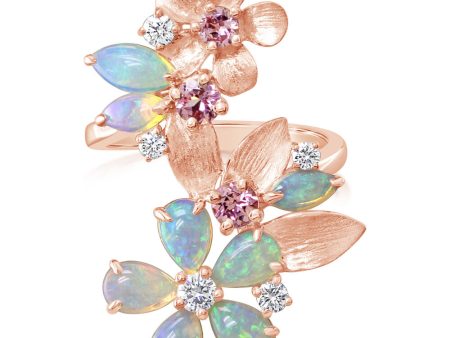 14K Rose Gold Australian Opal Lotus Garnet  Diamond Flower Ring Cheap