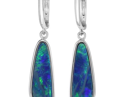 14K White Gold Australian Opal Doublet Plain Bezel Leverback Earrings Online now