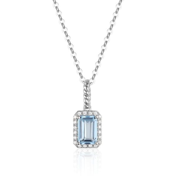 14k White Gold .74ct Blue Topaz & .05cttw Diamond Halo Necklace For Discount