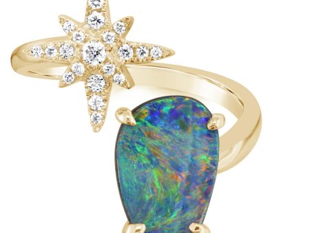 14K Yellow Gold Australian Opal Doublet Diamond Star Ring Hot on Sale