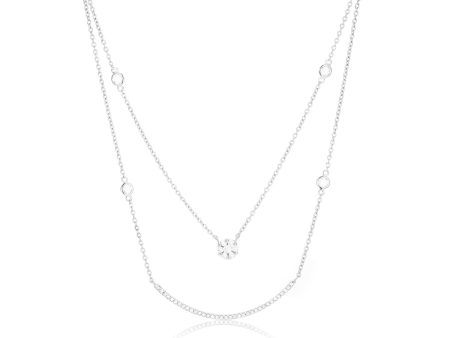 14k White Gold .42cttw Diamond Flower and Bar Double Row Necklace Hot on Sale