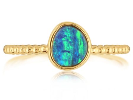 14K Yellow Gold Australian Opal Doublet Beaded Shank Ring Online now