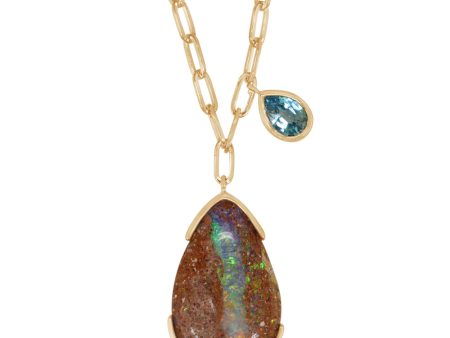 14K Yellow Gold Australian Boulder Opal Blue Zircon Neckpiece Hot on Sale