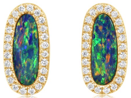 14K Yellow Gold Australian Opal Doublet Diamond Earrings Online now