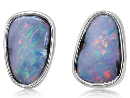 Sterling Silver Boulder Opal Small Plain Bezel Earrings For Sale