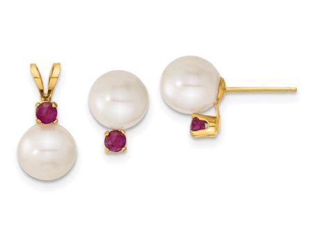 14k 7-8mm White FW Cultured Pearl & Ruby Stud Earrings and Pendant on Sale