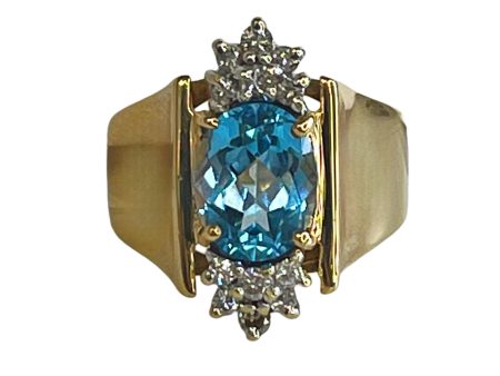 14k Two Tone Gold 9x7mm oval Blue Topaz & Diamond Ring Discount