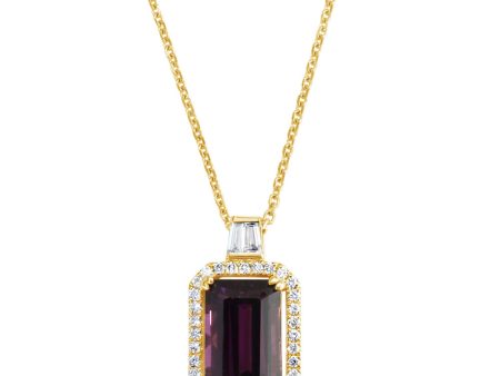 14K Yellow Gold Purple Garnet Diamond Pendant For Sale