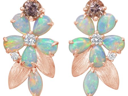 14K Rose Gold Australian Opal Lotus Garnet Diamond Flower Earrings For Sale