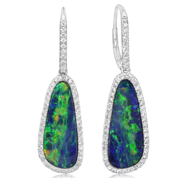 14K White Gold Australian Opal Doublet Diamond Earrings Fashion