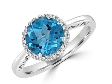 14k White Gold 2.59ct round checkerboard Blue Topaz & .06cttw Diamond halo Ring Supply