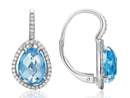 14k White Gold .24cttw Diamond & Blue Topaz Halo Style Drop Earrings Discount