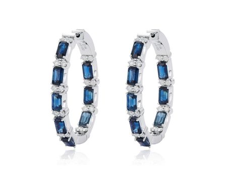 14K White Gold 5.58cttw Sapphire & .66cttw Diamond In Out Hoop Earrings Discount