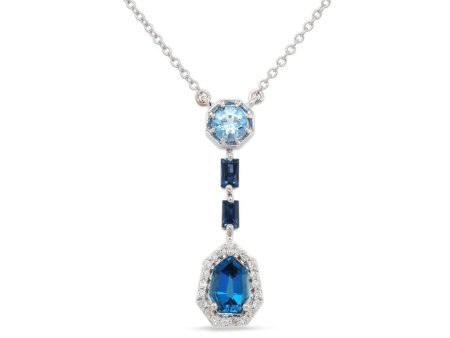 14k White Gold .92ct London Blue Topaz, Blue Topaz, Sapphire, and Diamond Necklace For Sale