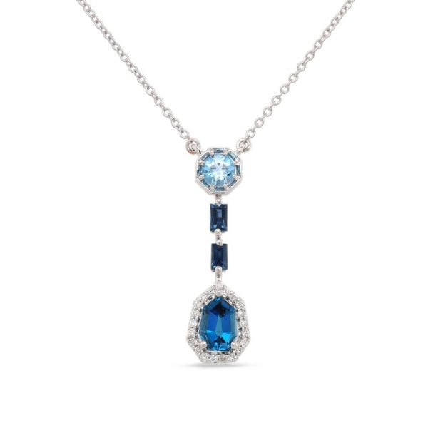 14k White Gold .92ct London Blue Topaz, Blue Topaz, Sapphire, and Diamond Necklace For Sale