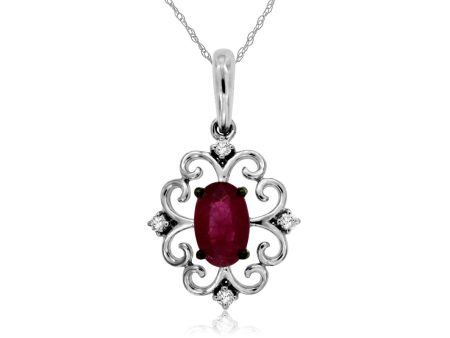 14k White Gold .55ct oval Ruby & .04cttw Diamond Filigree Pendant Online now