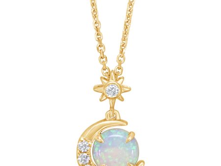 14K Yellow Gold Australian Opal Diamond Moon Pendant Online Sale