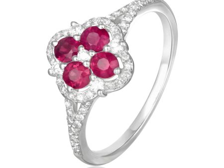  14K White Gold .54cttw Ruby and .26cttw Diamond Clover Ring Online now