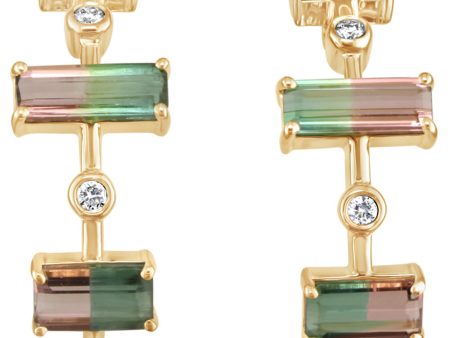 14K Yellow Gold Bi-Color Tourmaline Diamond Earrings For Sale