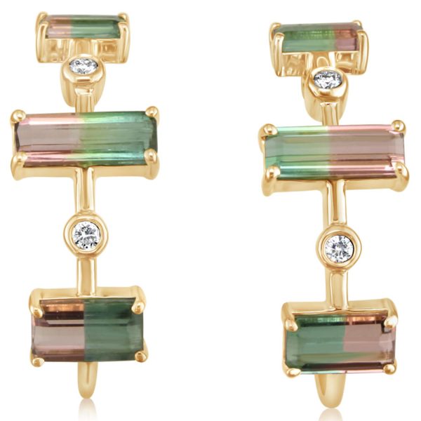 14K Yellow Gold Bi-Color Tourmaline Diamond Earrings For Sale