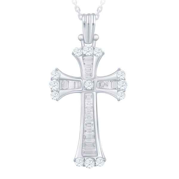 14k White Gold 1cttw Baguette & Round Diamond Cross Online now