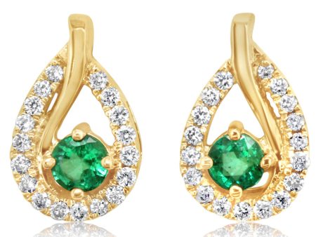 14K Yellow Gold Emerald Diamond Earrings Hot on Sale