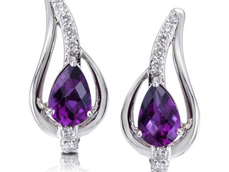 14K White Gold Amethyst Diamond Earrings Fashion